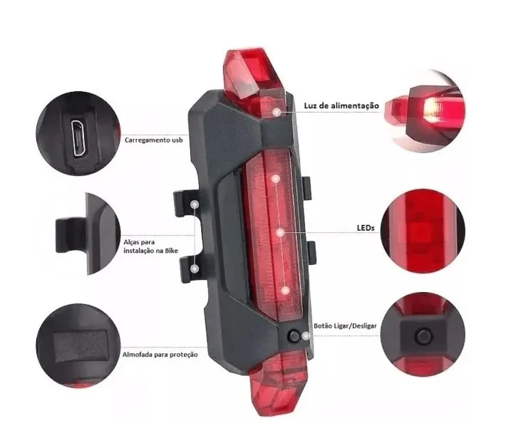 Farol Bike Recarregável Com Buzina Mais Sinalizador Traseiro - Imagem 10