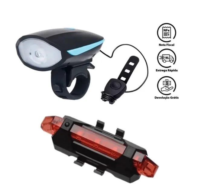 Farol Bike Recarregável Com Buzina Mais Sinalizador Traseiro - Imagem 7