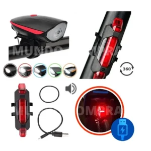 Farol Bike Recarregável Com Buzina Mais Sinalizador Traseiro