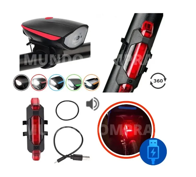 Farol Bike Recarregável Com Buzina Mais Sinalizador Traseiro - Imagem 4